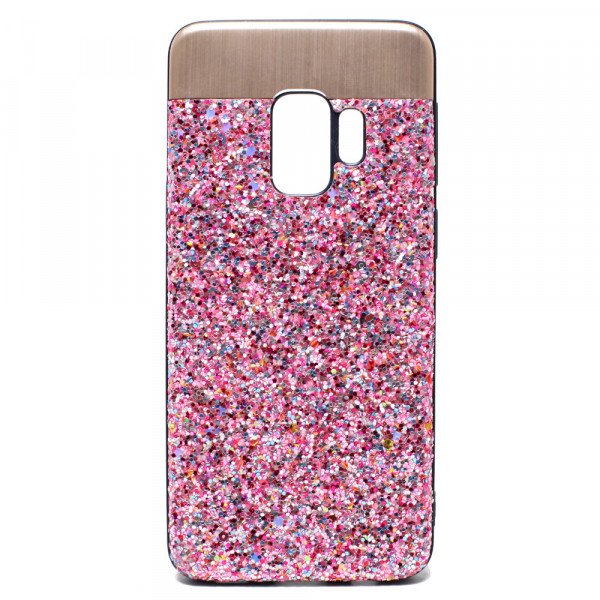 Wholesale Galaxy S9+ (Plus) Sparkling Glitter Chrome Fancy Case with Metal Plate (Pink)